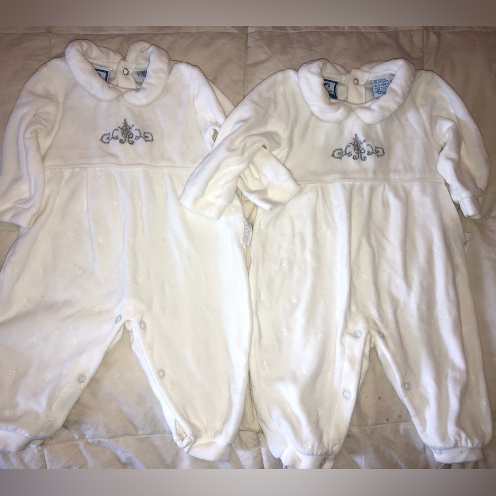 Twins! Size 3-6mos. white velour embroidered with silver detailing. Like new!